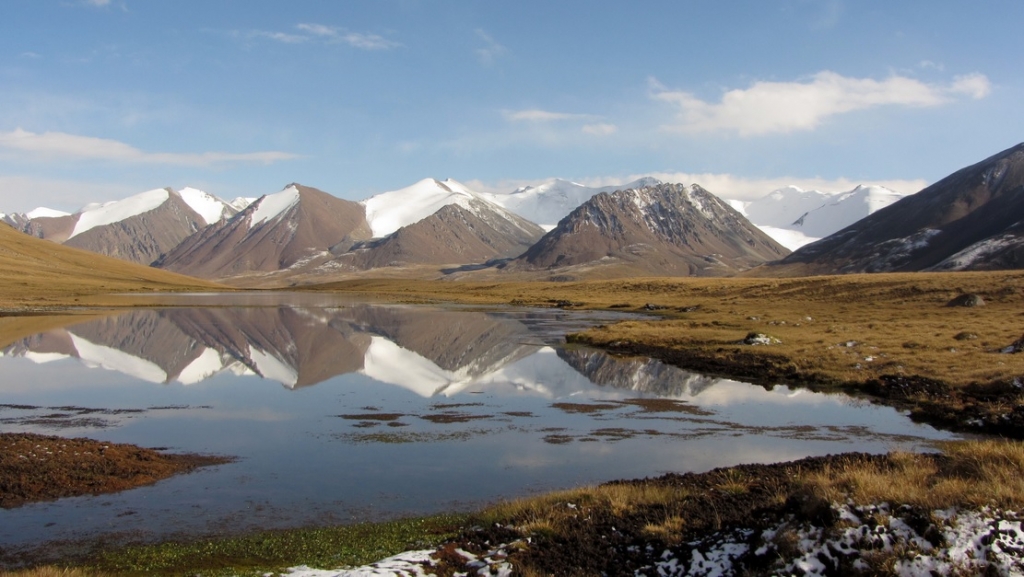 A lake mirrors some fresh-snow covered glaciers in the Teskey Ala-Too Kyrgyzstan. Yet the appearance is deceiving Glaciers in the Tien Shan are loosing mass at a rapid pace