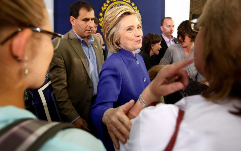 Democratic presidential candidate Hillary Rodham Clinton meets with voters during a campaign stop at River Valley Community College Tuesday Aug. 11 2015 in Claremont,NH