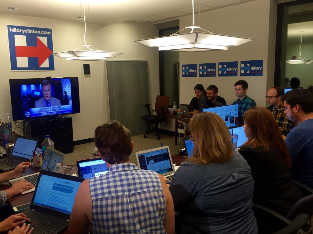 The Clinton Campaign debate watch war room was actually just a conference room with a big screen TV at the front. Fifteen or so staffers huddled over their laptops ready to pounce