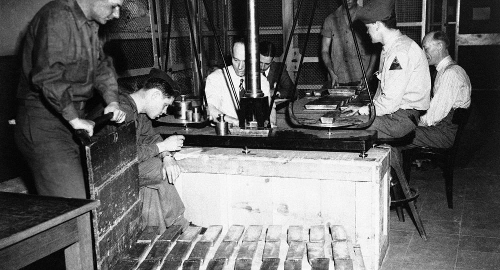 US Mint officials and G.I.’s are sorting out millions of dollars-worth of German bullion in the Reichsbank vaults at Frankfurt Germany. Identification and assaying alone will take weeks according to Leland Howard Assistant Director of the US Mint