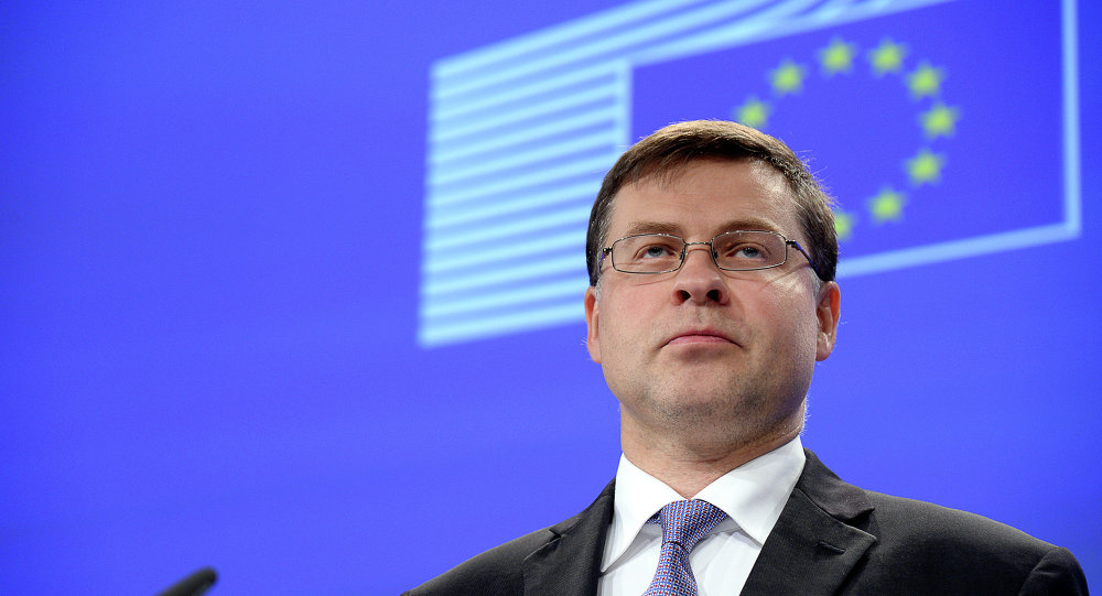 European Commission Vice President for the Euro and Social Dialogue Valdis Dombrovskis delivers a press conference at the European Commission headquarters in Brussels