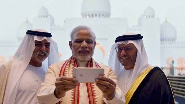 Prime Minister Narendra Modi takes a selfie with Sheikh Hamdan bin Mubarak Al Nahyan UAE Minister of Higher Education and Scientific Research during his visit to the Sheikh Zayed Grand Mosque in Abu Dhabi UAE on Sunday. | PTI