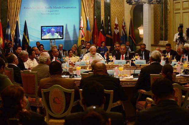 Prime Minister Narendra Modi speaks during the Forum for India Pacific Islands Cooperation summit in Jaipur