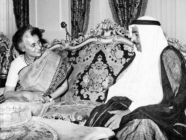 Prime Minister Indira Gandhi with the ruler of Sharjah Sheikh Sultan Bin Mohamed Al Qassemi in Sharjah in