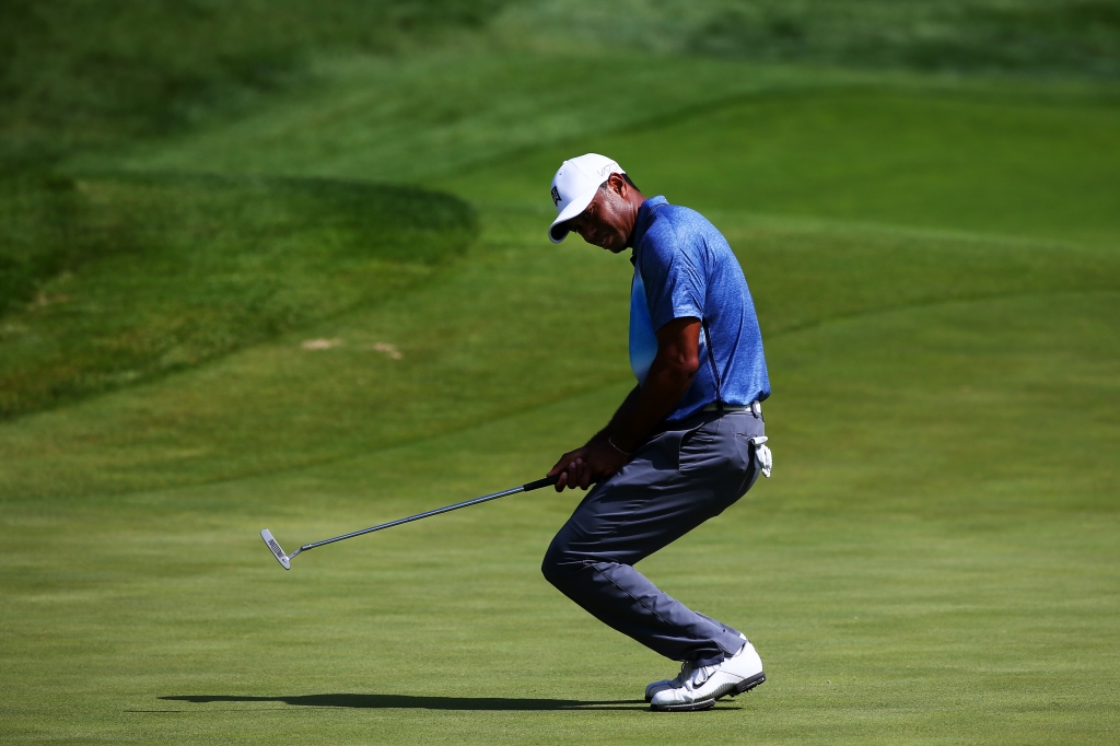 SHEBOYGAN WI- AUGUST 13 Tiger Woods shows his frustration over a missed putt in the first round of the PGA Championship at Whistling Straits Thursday