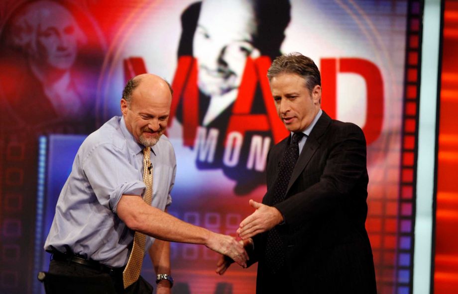 Jim Cramer left host of the CNBC'Mad Money show is welcomed by host Jon Stewart during an appearance on Comedy Central's'The Daily Show with Jon Stewart in New York. After hosting nearly 2600 editions Stew