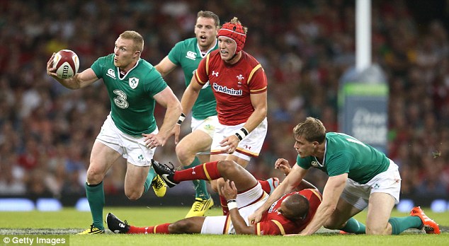 Keith Earls scoops up Eli Walker's knock on in midfield before racing away for Ireland's third try in Cardiff