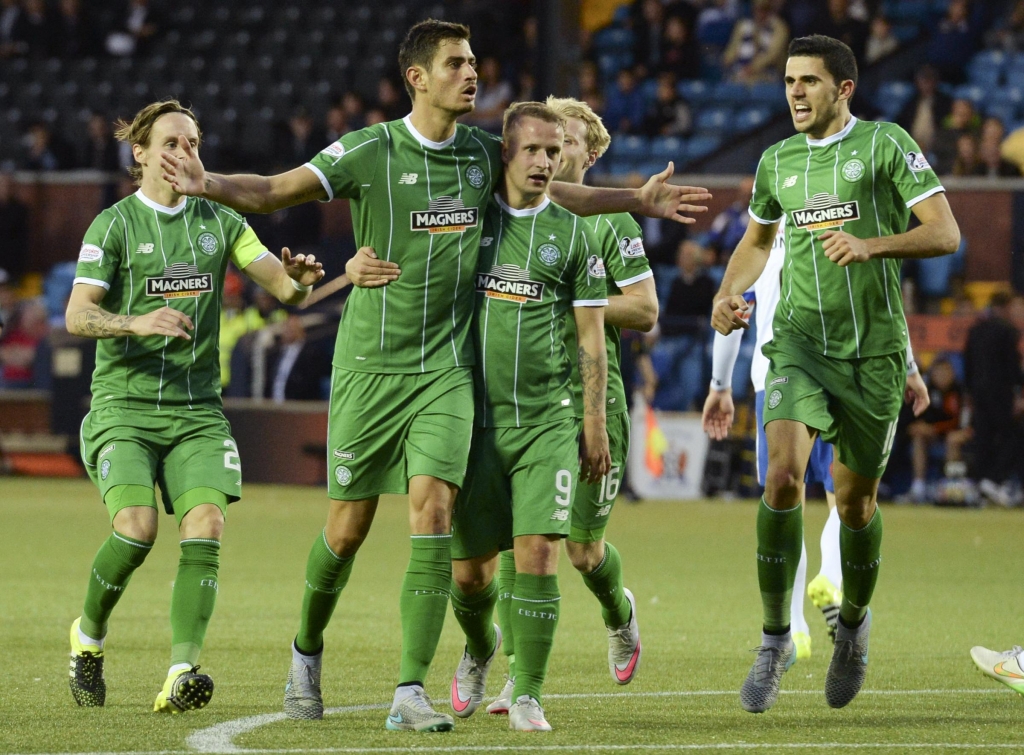 12/08/15 LADBROKES PREMIERSHIP. KILMARNOCK v CELTIC . RUGBY PARK- KILMARNOCK. Celtic's Nir Bitton celebrates his goal with his team-mates