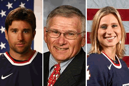 Left to right Chris Drury Ron De Gregorio and Angela Ruggiero are among the 2015 U.S. Hockey Hall of Fame honorees