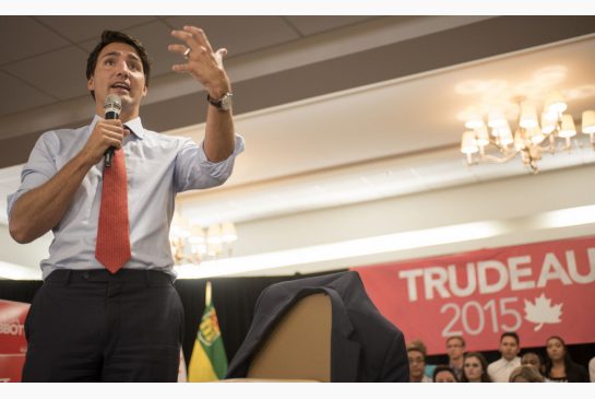 Liberal Leader Justin Trudeau speaks to supporters during a campaign stop in Saskatoon Sask. on Thursday