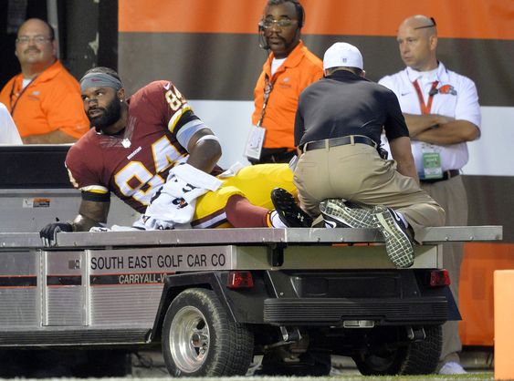 Washington Redskins tight end Niles Paul leaves on a cart during the first quarter after an injury during an NFL preseason football game against the Cleveland Browns in Cleveland. At this point Jordan Reed whose big