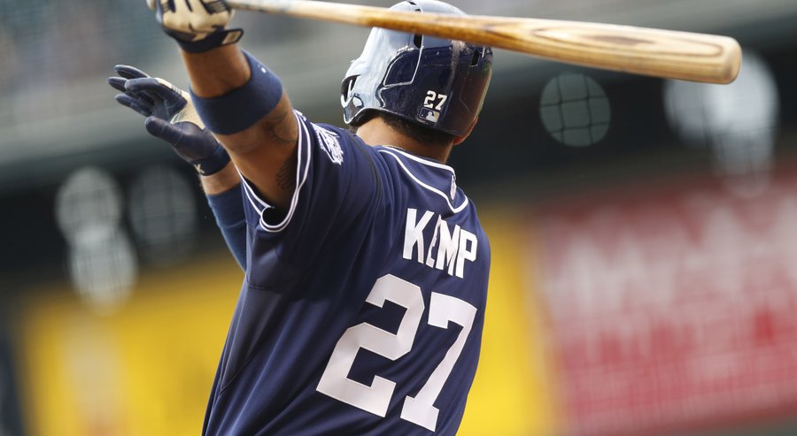 San Diego Padres&#39 Matt Kemp follows the flight of his two-run home run off Colorado Rockies starting pitcher Yohan Flande in the first inning of a baseball game Friday Aug. 14 2015 in Denver