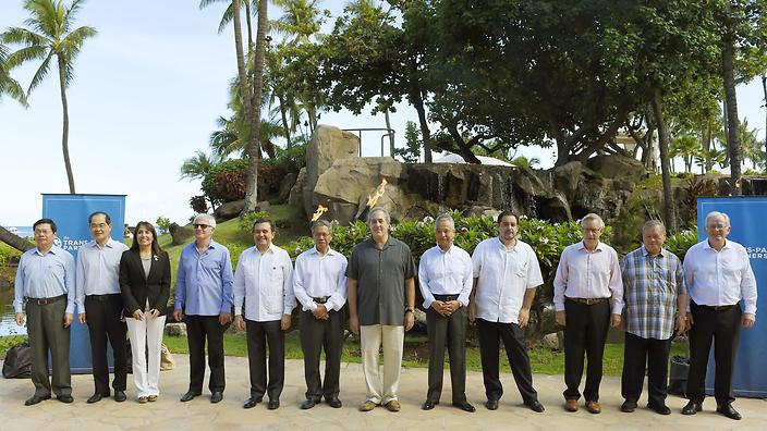 Ministers from 12 Pacific Rim countries negotiating on the proposed Trans Pacific Partnership free trade deal line up for