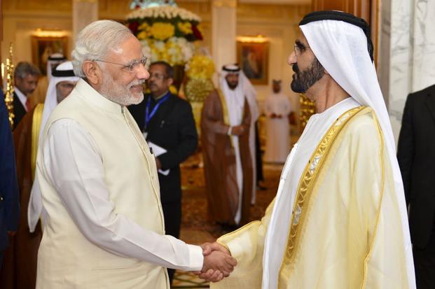 Prime Minister Narendra Modi with UAE prime minister and Dubai ruler Sheikh Mohammed bin Rashid al Maktoum during the former’s visit to Dubai on Monday