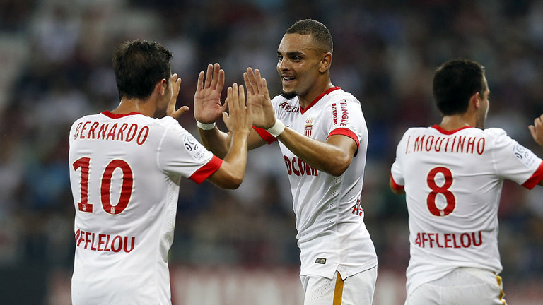 Monaco goalscorers Layvin Kurzawa and Bernardo Silva celebrate