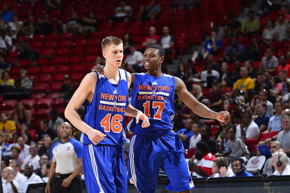 Kristaps Porzingis #46 and Cleanthony Early #17 of the New York Knicks