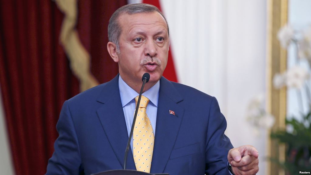 Turkey's President Recep Tayyip Erdogan speaks at a joint media briefing with Indonesia's President Joko Widodo at the presidential palace in Jakarta Indonesia