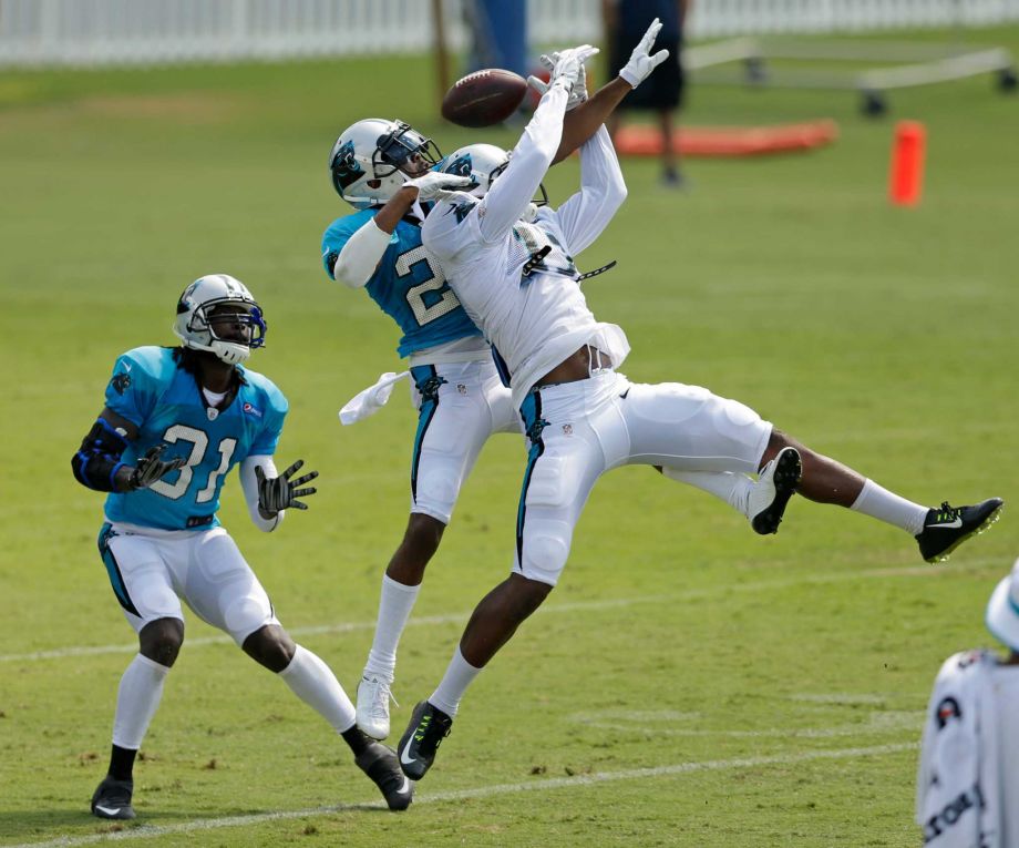 2015 Carolina Panthers Charles Tillman left watches as Carolina Panthers Devin Funchess right and Josh Norman center battle for the ball during the NFL football team's training camp in Spartanburg S.C. Monday Aug