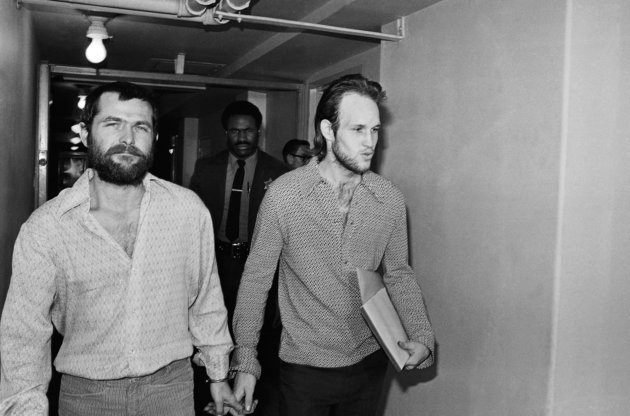 Bruce Davis and Steve Grogan two members ofthe Charles Manson family leave court after a hearing on the appointment of attorneys to represent them in Los Angeles