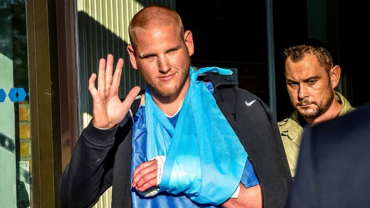 Phillipe Huguen  Getty      Spencer Stone one of the men who overpowered the gunman leaves hospital in Lesquin northern France