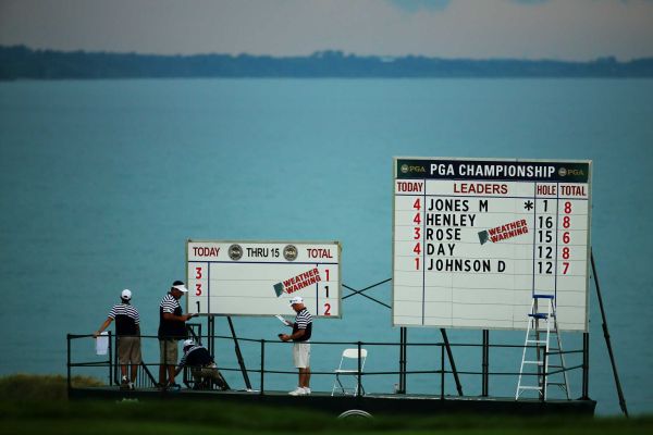 Volunteers affix weather warnings to the scoreboards