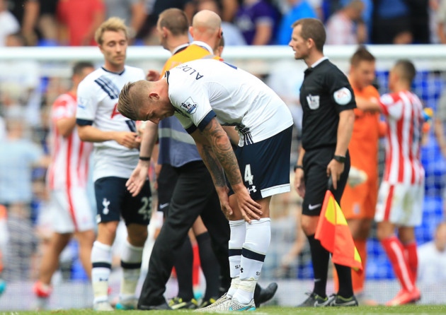 Toby Alderweireld shows his dismay at the final whistle on Saturday after his foul on Joselu helped Stoke to score twice in the final 12 minutes and grab a 2-2 draw at White Hart Lane