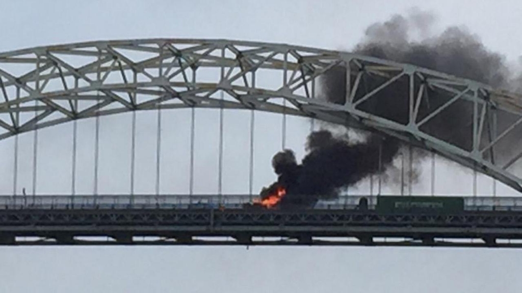 A fire is shown after a multiple car crash on the Gerald Desmond Bridge in Long Beach on Saturday Aug. 1 2015