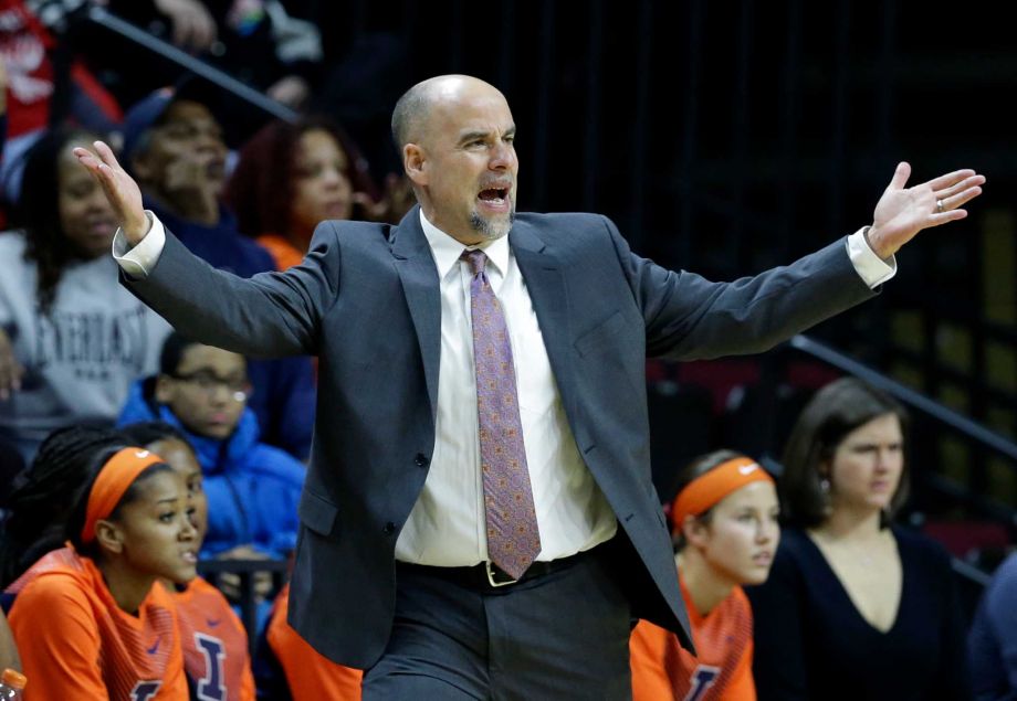 Illinois head woman's basketball coach Matt Bollant reacts to a call during an NCAA college basketball game in Piscataway N.J. A Chicago law firm hired by the University of Illinois to investigate allegations