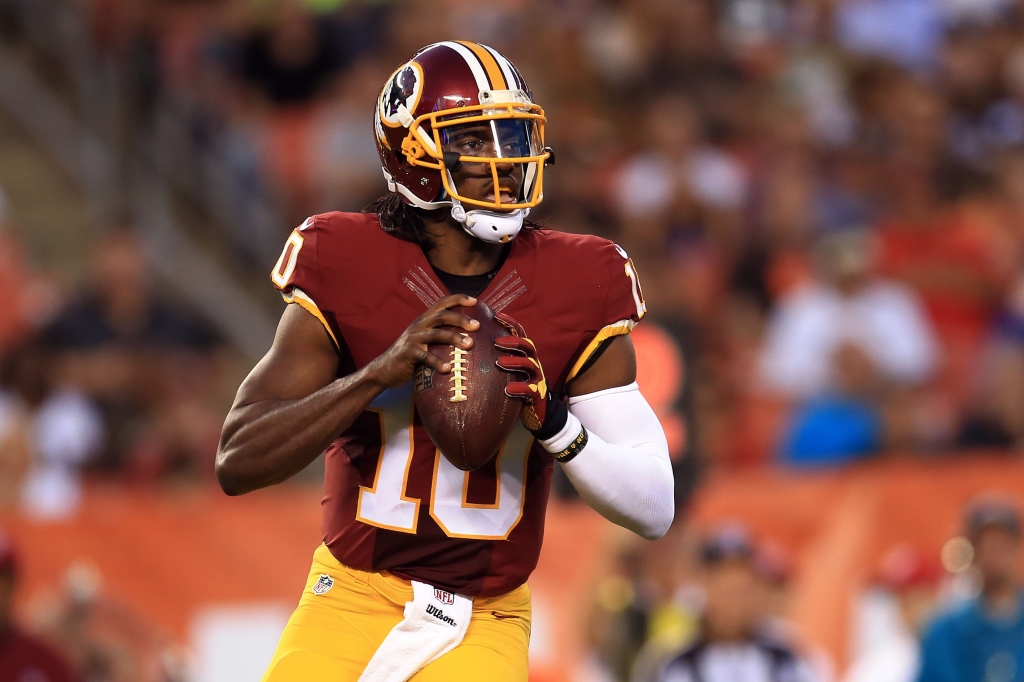 Aug 13 2015 Cleveland OH USA Washington Redskins quarterback Robert Griffin III looks to pass during the first quarter of preseason NFL football game against the Cleveland Browns at First Energy Stadium. Mandatory Credit Andrew Weber-USA TODAY S