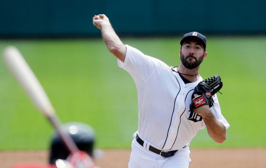 Detroit Tigers starting pitcher Justin Verlander throws during the first inning of a baseball game against the Boston Red Sox Sunday Aug. 9 2015 in Detroit