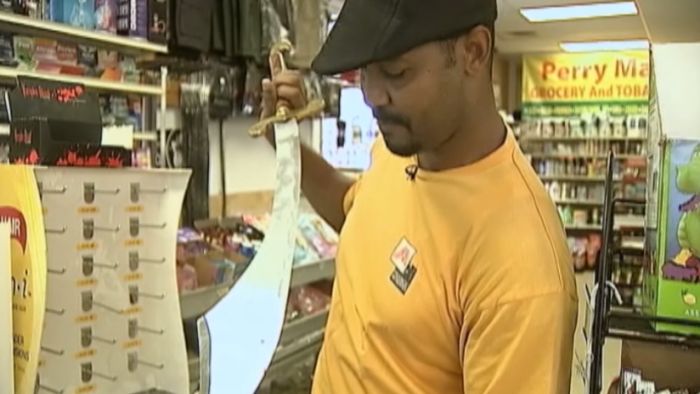 When would-be robbers armed with a sword stormed a Pittsburgh convenience store a cashier pulled out a sword of his own and fought back