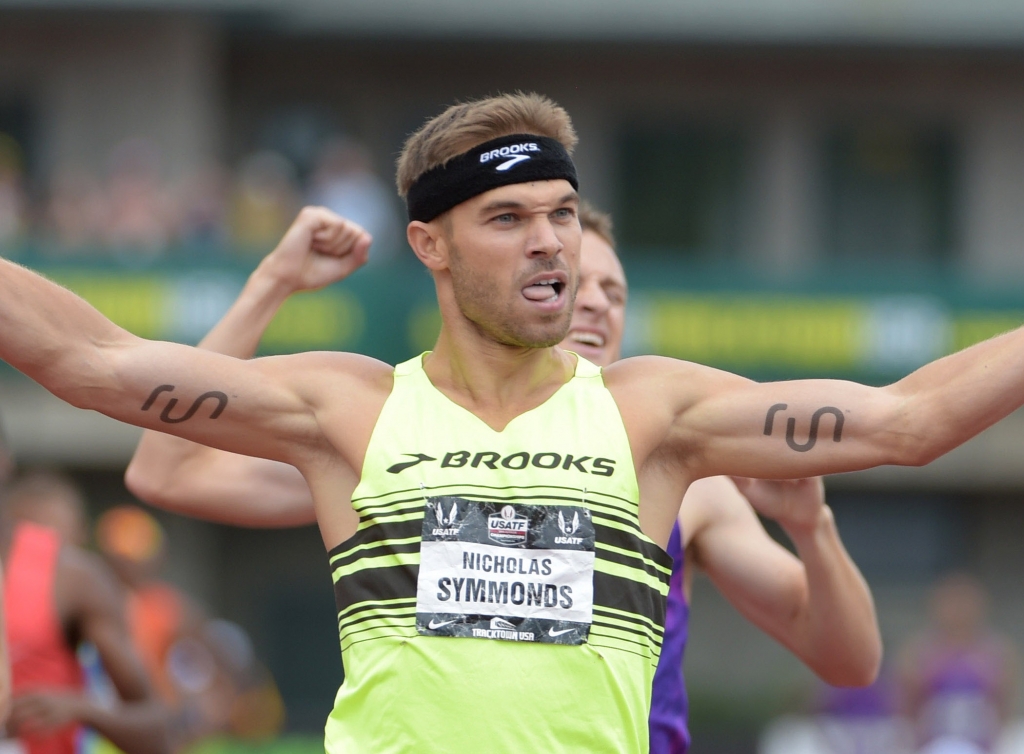 Jun 28 2015 Eugene OR USA Nick Symmonds celebrates after winning the 800m in 1:44.53 in the 2015 USA Championships at Hayward Field. Mandatory Credit Kirby Lee-USA TODAY Sports ORG XMIT USATSI-225784 ORIG FILE ID