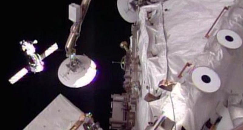 Still image from video shows the Soyuz TMA-12M spacecraft meters away from docking at the International Space Station