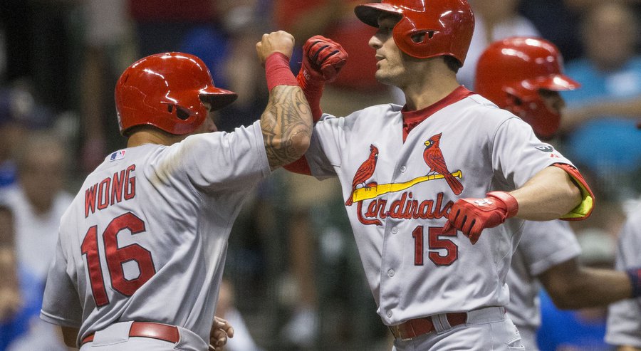 St. Louis Cardinals&#39 Randal Grichuk is greeted by Kolten Wong after a three-run home run against the Milwaukee Brewers during the fifth inning of a baseball game Friday Aug. 7 2015 in Milwaukee