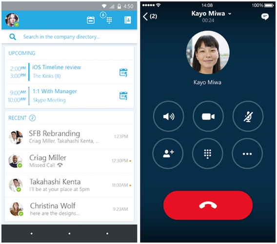 Skype for Business's new interface on iOS and Android