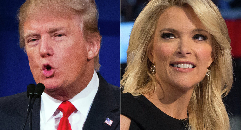 Republican presidential candidate Donald Trump and Fox News Channel host and moderator Megyn Kelly during the first Republican presidential debate