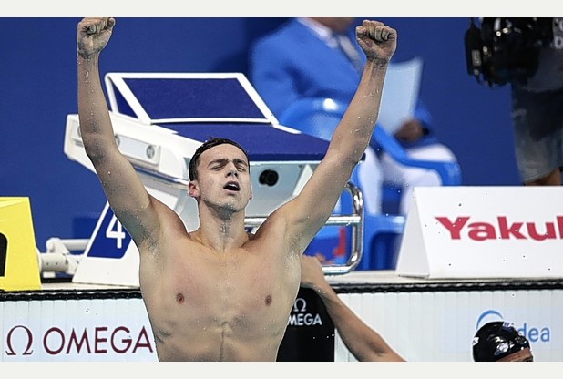 Somerset-based James Guy celebrates after winning the men's 200m freestyle final at the World Swimming Championships in Kazan Russia