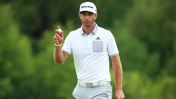 Dustin Johnson reacts to the crowd after making birdie on the 10th hole of his opening round at Whistling Straits in Sheboygan Wisconsin