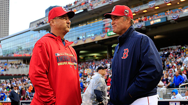 Cleveland Indians manager Terry Francona with Boston Red Sox manager John Farrell prior to the 2014 Home Run Derby in Minnesota