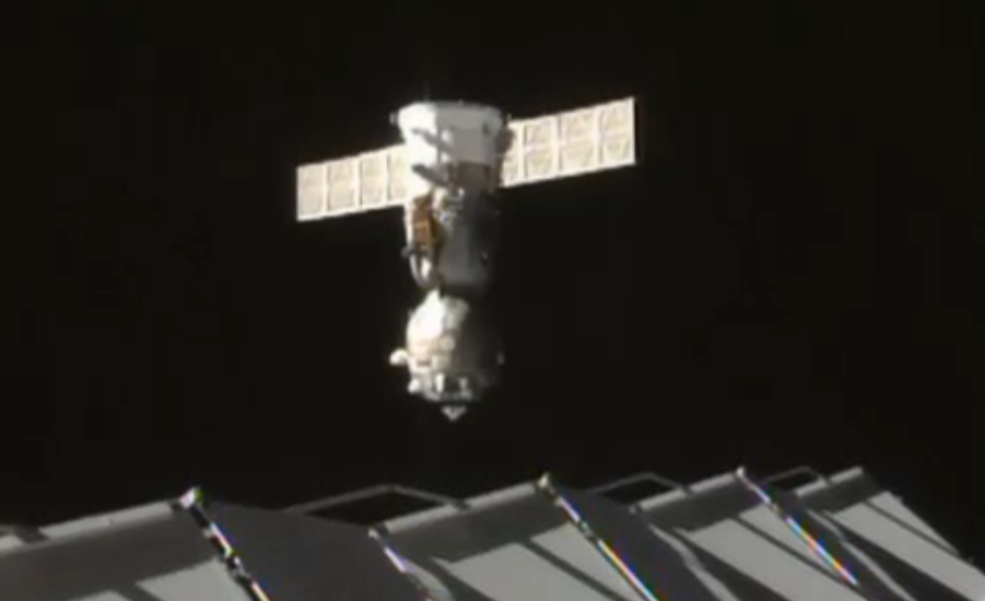 The Soyuz TMA-16M spacecraft moved to a new docking port on the International Space Station on Friday. Credit NASA TV  Spaceflight Now