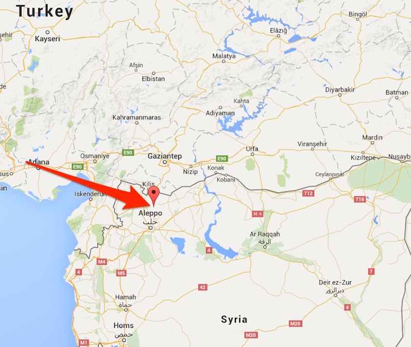 The arrow on this map showing the Turkey Syria border points to Marea where new fighting has erupted