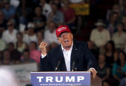 Republican presidential candidate Donald Trump speaks at a rally held in Ladd Peebles stadium in Mobile Alabama