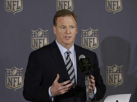 NFL Commissioner Roger Goodell speaks to reporters during the NFL's spring meetings in San Francisco. The NFL Players Union has sued to get a judge to void Goodell's four-game suspension of Tom Brady in the