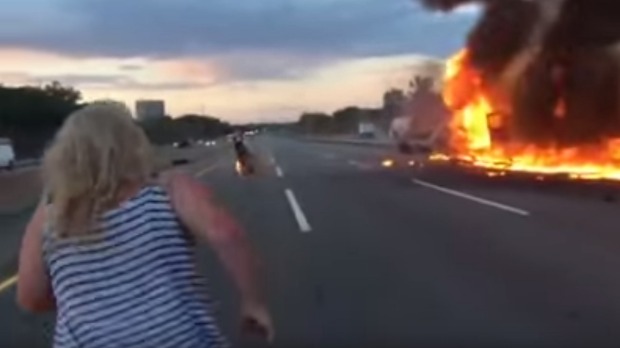 Two trucks explosively burst into flames on the NJ Turnpike