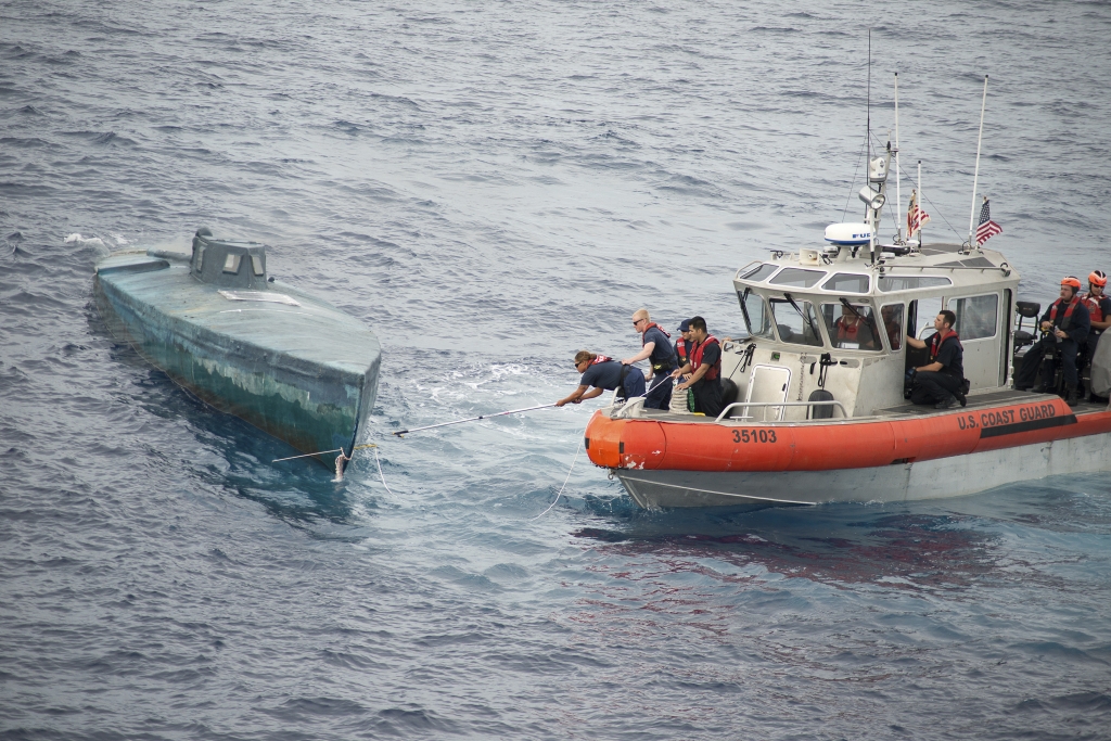 Crew from the U.S. Coast Guard Cutter Stratton stop a Self Propelled Semi Submersible off the coast of Central America in this U.S. Coast Guard