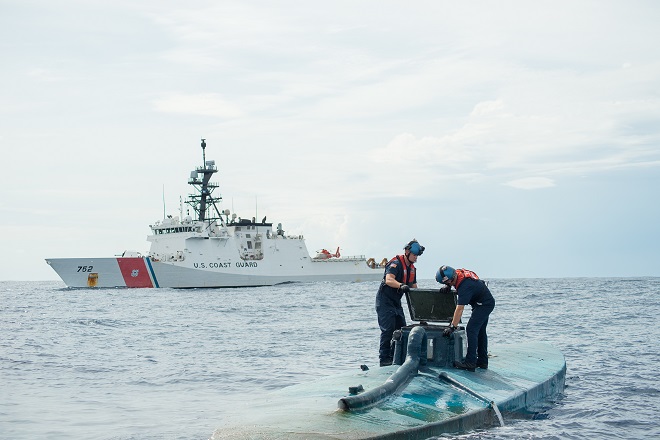 A Coast Guard Cutter Stratton boarding team opens the bridge of a self-propelled semi-submersible interdicted in international waters off the coast of Central America