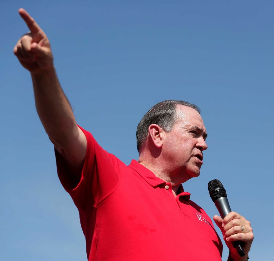 Republican presidential candidate former Arkansas Gov Mike Huckabee speaks at the Iowa State Fair