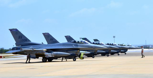 Six U.S. F-16 Fighting Falcons from Aviano Air Base Italy arrive at Incirlik Air Base Turkey to take part in anti Islamic State missions on Aug. 9 2015. /AFP