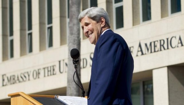 U.S. Secretary of State John Kerry smiles during his remarks at the flag-raising ceremony at the newly reopened embassy in Havana Cuba