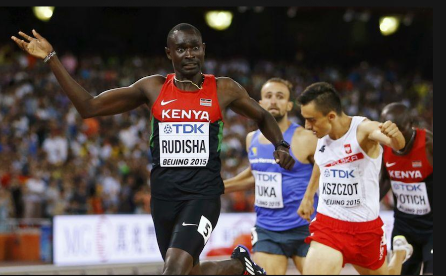 David Lekuta Rudisha of Kenya crosses the finish line as he wins the men’s 800 metres final during the 15th IAAF World Championships at the National Stadium in Beijing